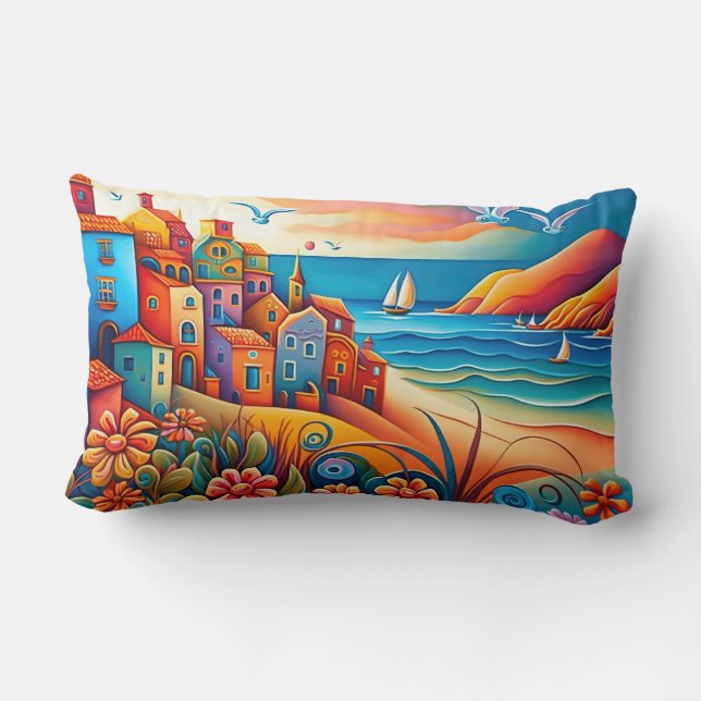 Colourful Hillside Houses Ocean Seagulls Boats Lumbar Pillow (Back)