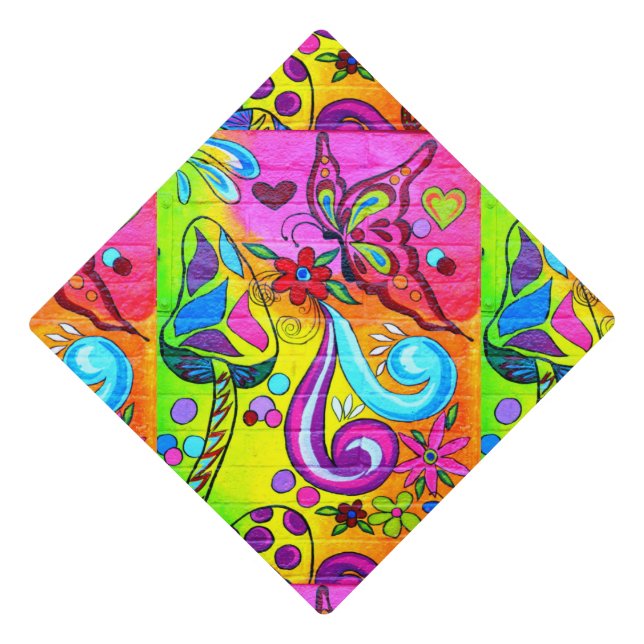 Colourful hippie mushroom butterfly graduation cap topper (Front)