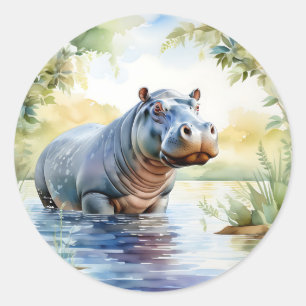 Colourful Hippopotamus Watercolor Classic Round Sticker