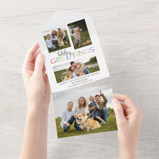 Colourful Holiday Greetings Typography 3-Photo All In One Invitation (Tearaway)