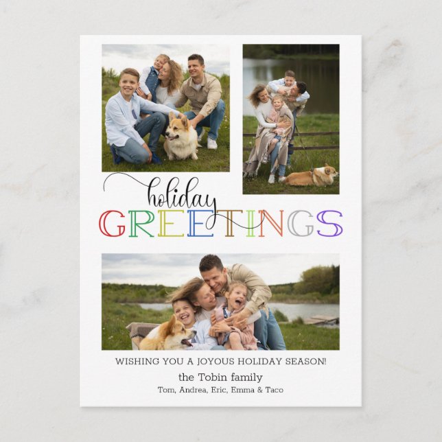 Colourful Holiday Greetings Typography 3-Photo Postcard (Front)