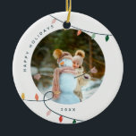 Colourful Holiday Lights Photo Ceramic Ornament<br><div class="desc">Fun and colourful holiday photo ornament. Featuring colourful Christmas string lights. Perfect for kids! Customize with your photos and year. Visit our Zazzle shop to see more matching items in this collection.</div>