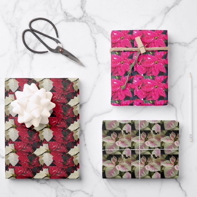 Colourful Holiday Poinsettias Floral Pattern Wrapping Paper Sheet (Front)