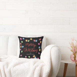Colourful Holiday String Lights Monogram Throw Pillow