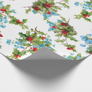 Colourful Holly and Blue Forget Me Nots Wrapping Paper