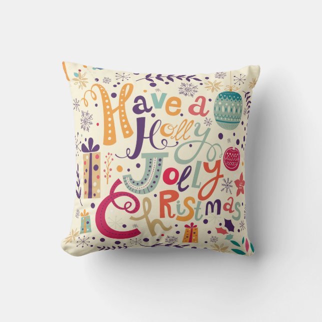 Colourful Holly Jolly Christmas Text Design Throw Pillow (Front)