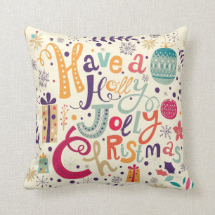Colourful Holly Jolly Christmas Text Design Throw Pillow