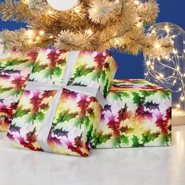 Colourful Holly Pattern Watercolor Christmas  Wrapping Paper (Holidays)