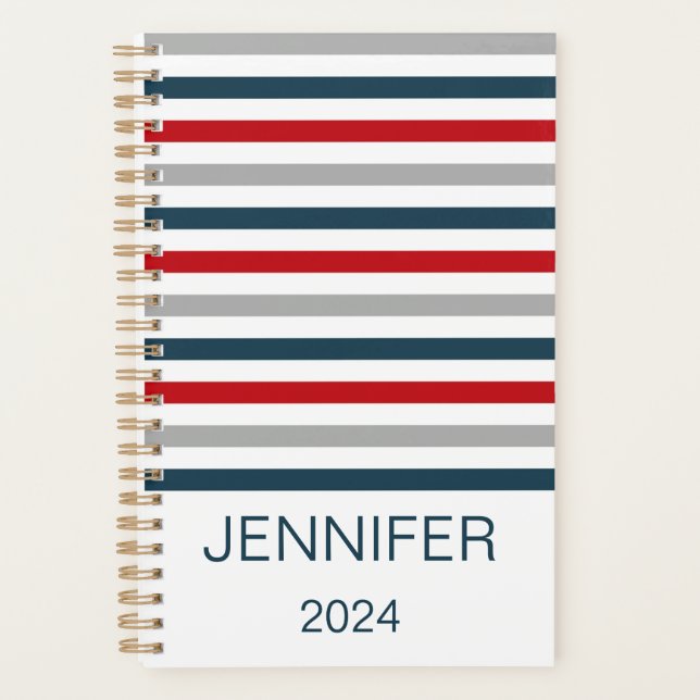 Colourful horizontal navy stripes planner (Front)