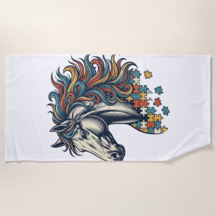 Colourful Horse Puzzle Piece Vintage Engraving T-S Beach Towel