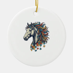 Colourful Horse Puzzle Piece Vintage Engraving T-S Ceramic Ornament