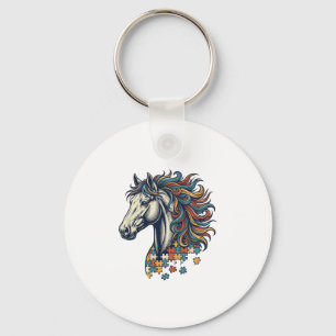 Colourful Horse Puzzle Piece Vintage Engraving T-S Keychain