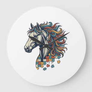 Colourful Horse Puzzle Piece Vintage Engraving T-S Large Clock