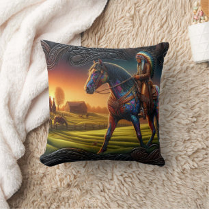 Colourful Horse Rider in Vibrant Sunset Landscape Throw Pillow
