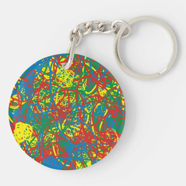 Colourful hot mess red blue yellow green scribbles keychain (Back)