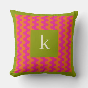 Colourful Hot Pink Orange Green Bold Wavy Monogram Throw Pillow