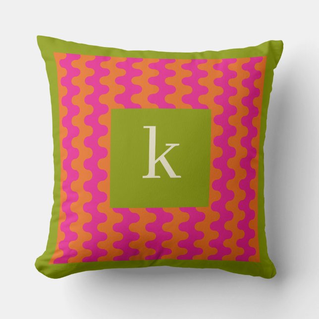 Colourful Hot Pink Orange Green Bold Wavy Monogram Throw Pillow (Creator Uploaded)
