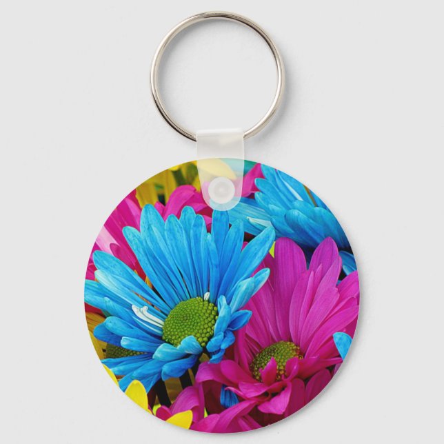 Colourful Hot Pink Teal Blue Gerber Daisies Flower Keychain (Front)