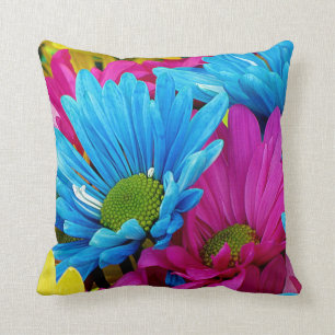 Colourful Hot Pink Teal Blue Gerber Daisies Flower Throw Pillow