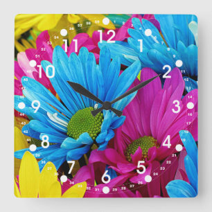 Colourful Hot Pink Teal Blue Gerber Daisies Square Wall Clock