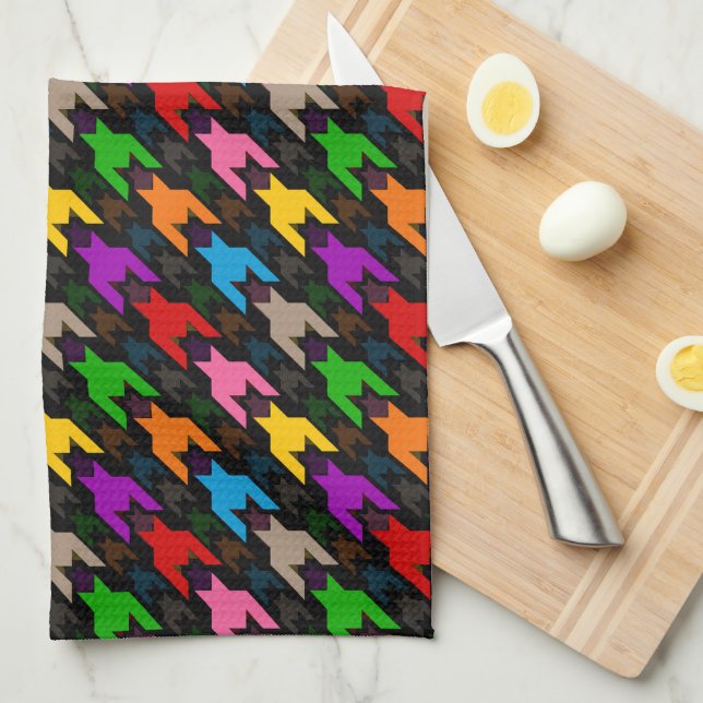 Colourful Houndstooth Pattern Black  Kitchen Towel (Quarter Fold)