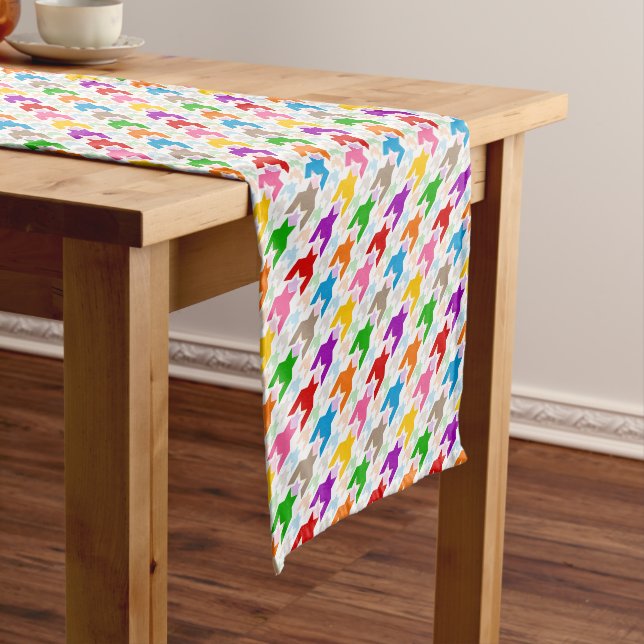 Colourful Houndstooth Pattern White  Short Table Runner (In Situ)