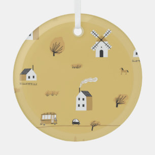 Colourful house, trees, horses landscape glass ornament