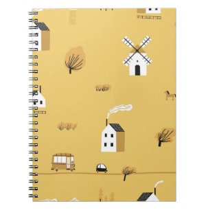 Colourful house, trees, horses landscape notebook