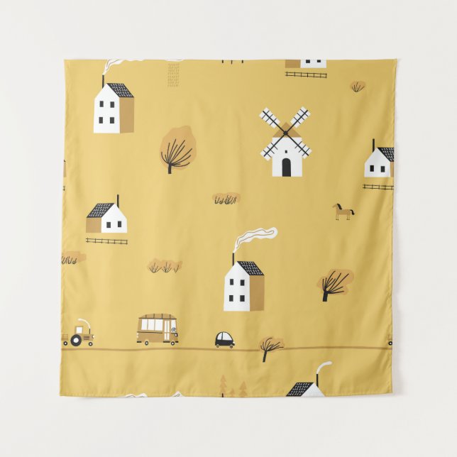 Colourful house, trees, horses landscape tapestry (Front)