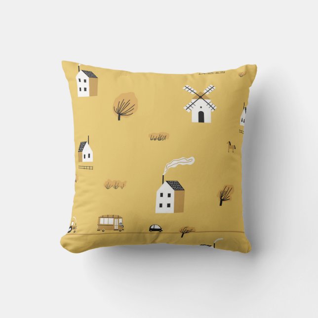 Colourful house, trees, horses landscape throw pillow (Front)