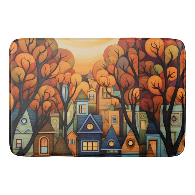 Colourful houses and trees in the fall bath mat (Front)