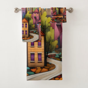 Colourful houses and trees in the fall bath towel set