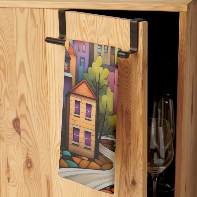 Colourful houses and trees in the fall kitchen towel (Thirds Fold)