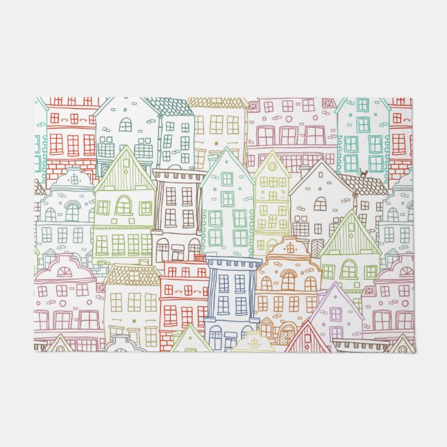 Colourful houses line art pattern doormat (Front)