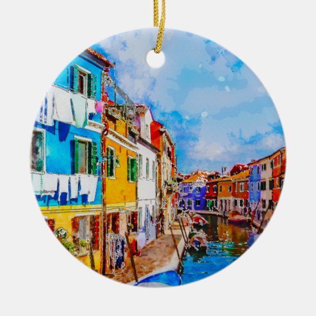 Colourful houses on Burano, Venice, Italy. Ceramic Ornament (Front)