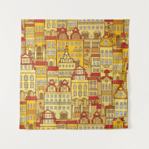 Colourful Houses Vintage City Pattern Tapestry