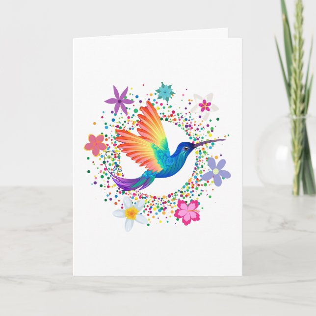 Colourful Humming Bird and Flowers Blank Note Card (Front)