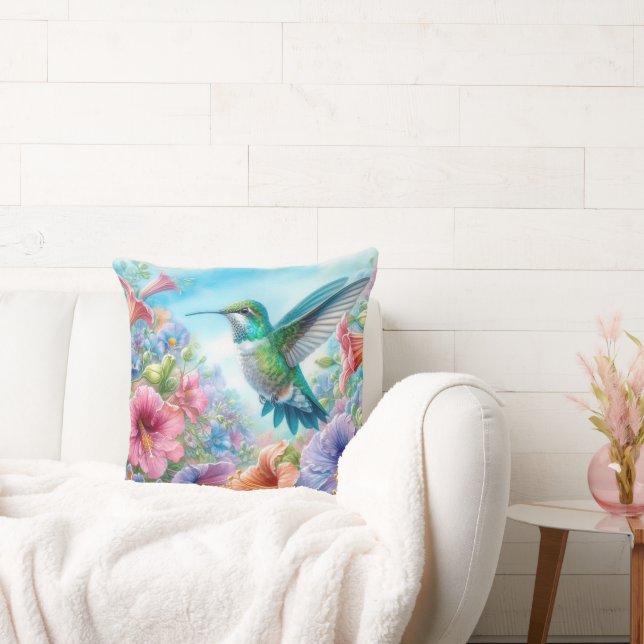 Colourful Hummingbird And Flowers Throw Pillow (Couch)