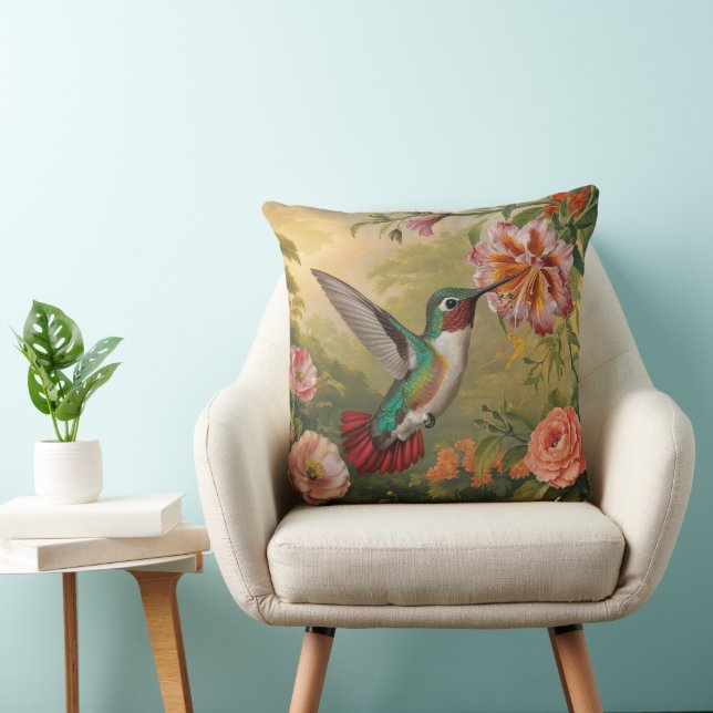 Colourful Hummingbird And Flowers Throw Pillow (Chair)