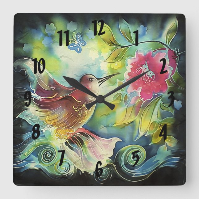Colourful Hummingbird Digital Silk Art Square Wall Clock (Front)