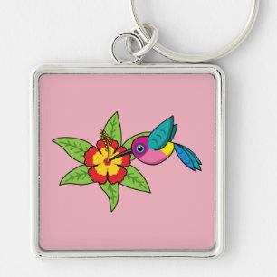 Colourful Hummingbird on Hibiscus Tropical Flower Keychain