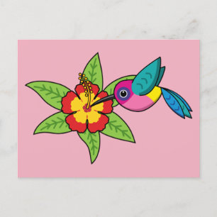 Colourful Hummingbird on Hibiscus Tropical Flower Postcard