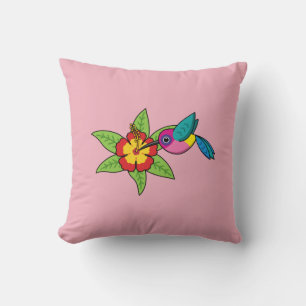 Colourful Hummingbird on Hibiscus Tropical Flower Throw Pillow
