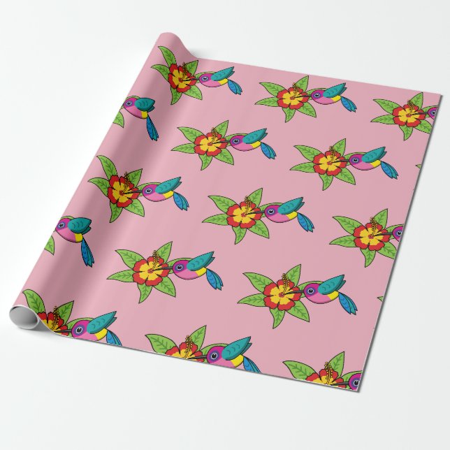 Colourful Hummingbird on Hibiscus Tropical Flower Wrapping Paper (Unrolled)