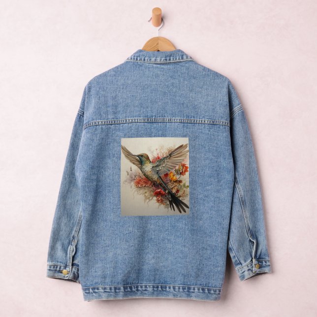 Colourful Hummingbird Red Flowers Denim Jacket (Hangar)