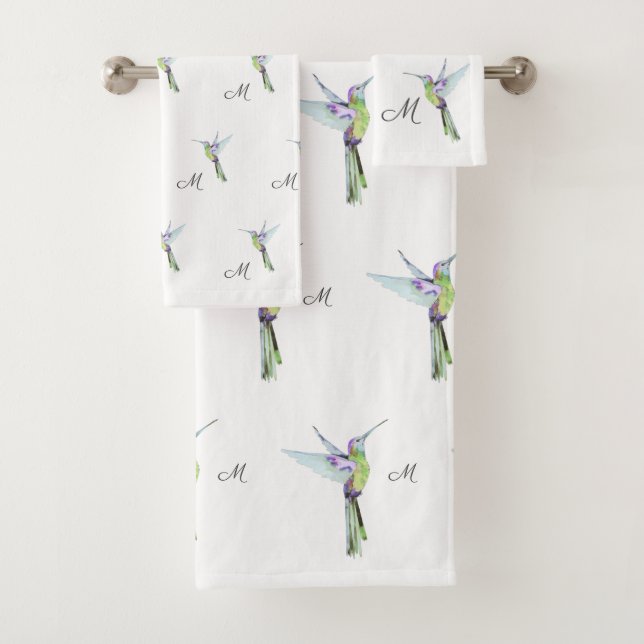 Colourful Hummingbird watercolor Monogram initial  Bath Towel Set (Insitu)