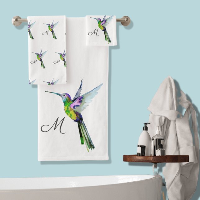 Colourful Hummingbird watercolor Monogram initial  Bath Towel Set (Creator Uploaded)