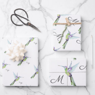 Colourful Hummingbird watercolor Monogram initial Wrapping Paper Sheet