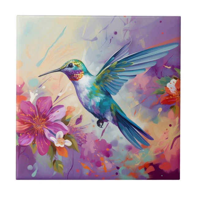 Colourful Hummingbird with Flowers Tile (Front)