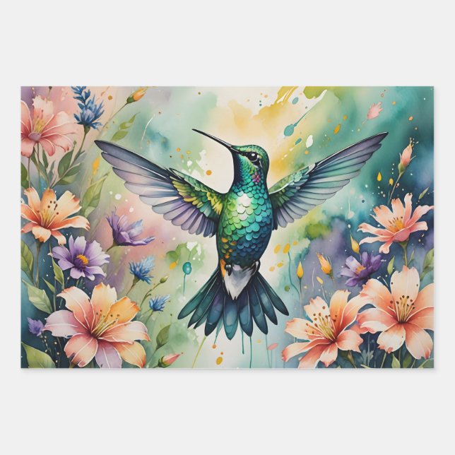 colourful hummingbird wrapping paper sheets (Front)